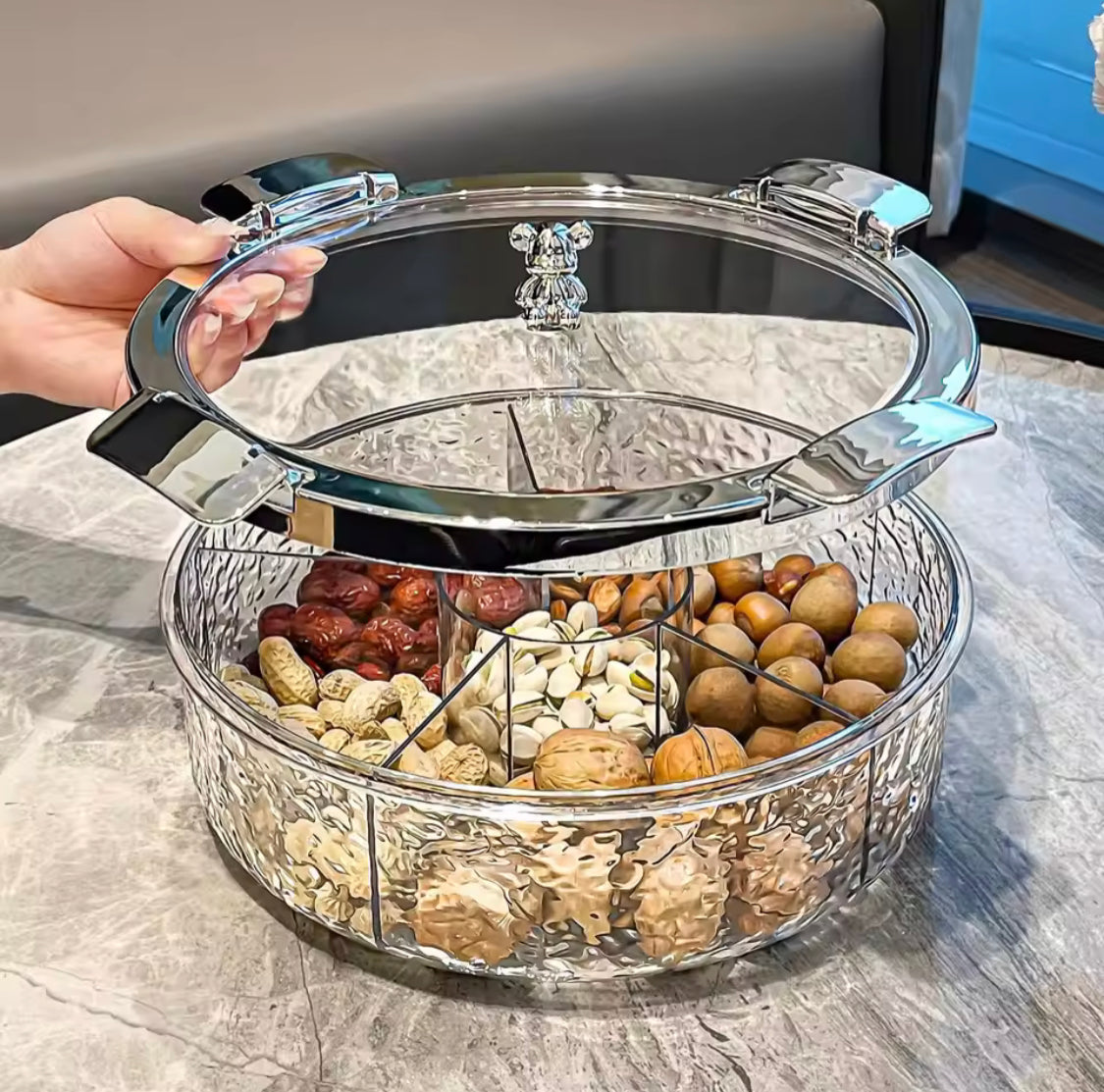 Luxury Sealed Snack Tray With Cover, Five Grid Multi Compartment Dry Fruit Tray, Round Snack Box With Lid, Rotating Serving Tray Luxury Sealed Snack Tray With Cover, Five Grid Multi Compartment Dry Fruit Tray, Round Snack Box With Lid, Rotating Serving Tray